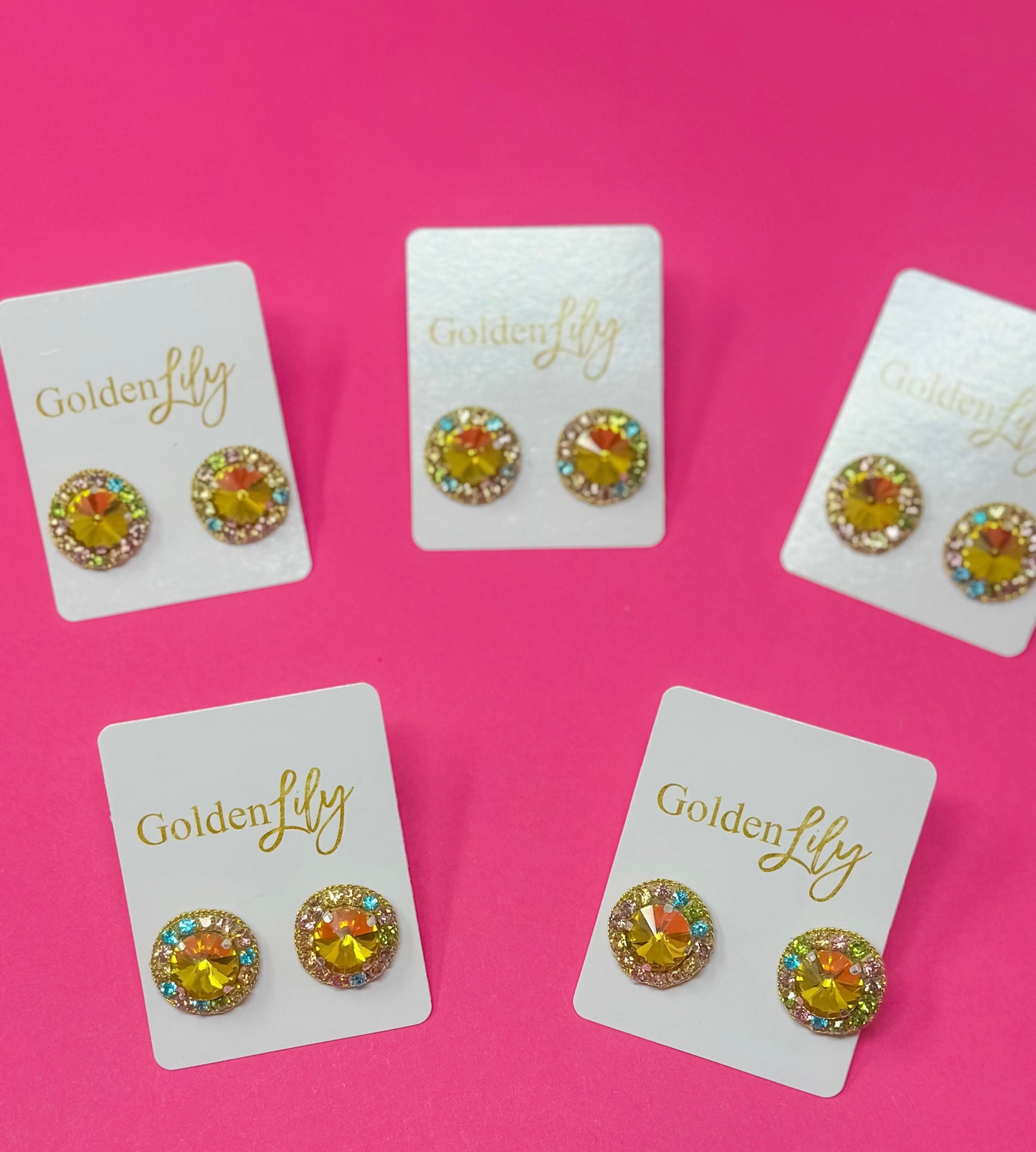 Statement Stud Earrings - Pink with Multi Stones