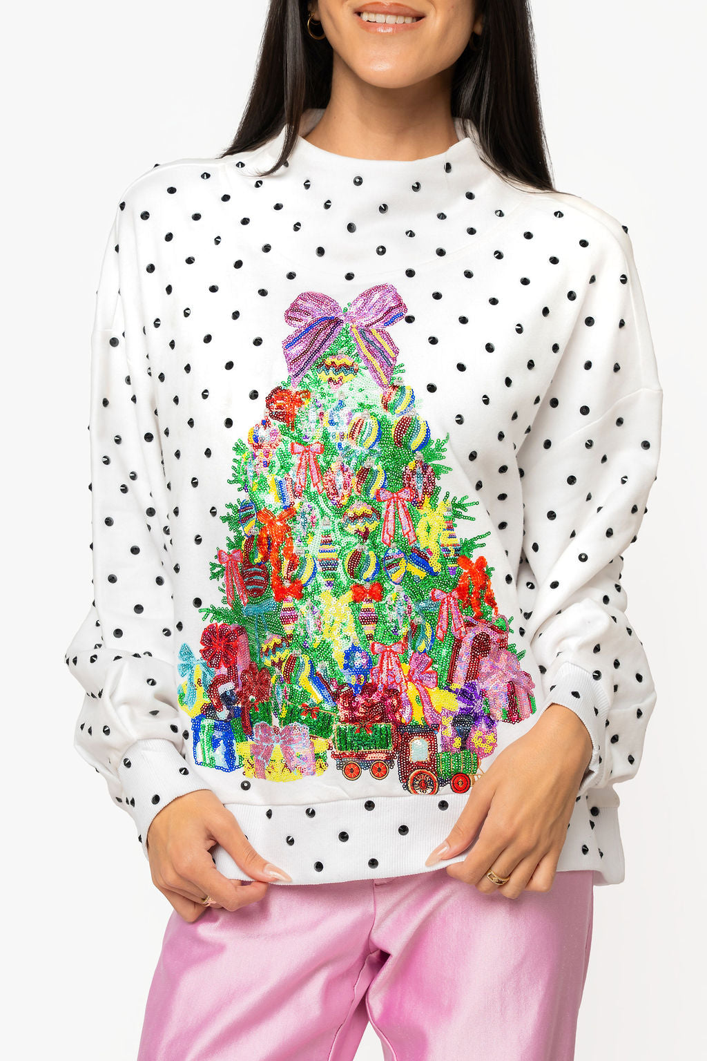 QUEEN OF SPARKLES White & Black Polka Dot Multi Christmas Tree Mockneck Sweatshirt