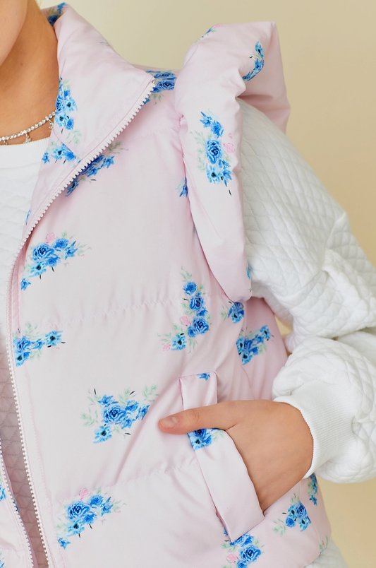 Shoulder Ruffle Pink Floral Vest Puffer